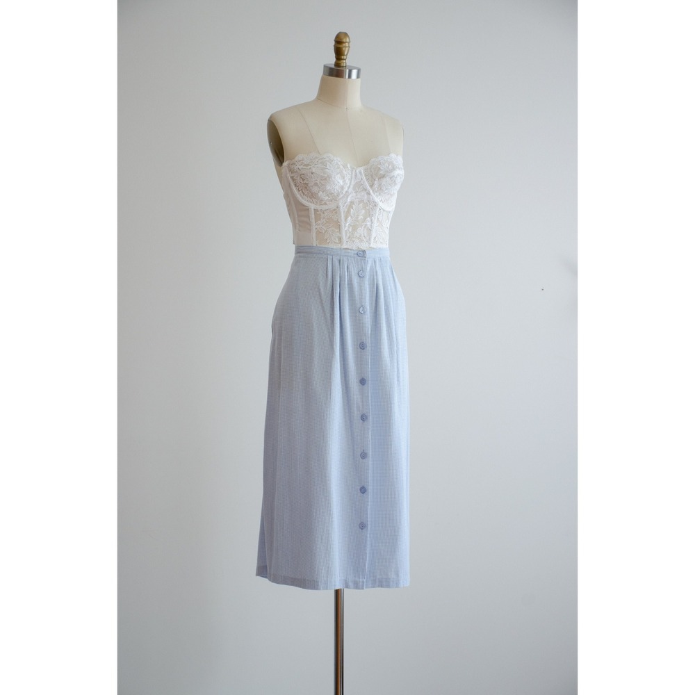 blue midi skirt 80s 90s plus size vintage pastel blue white gingham plaid skirt - Picture 2 of 5